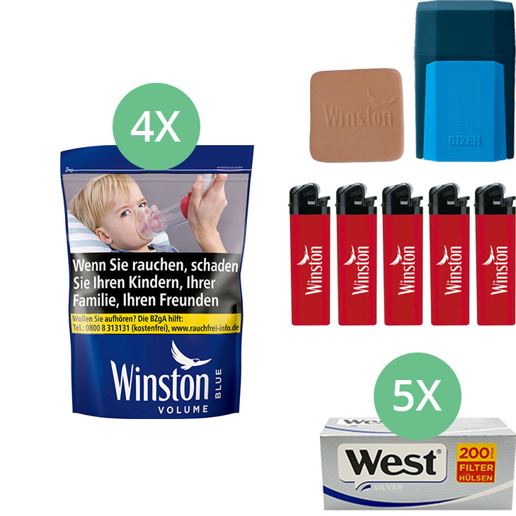 WINSTON Blue Tabak (4 x 113g) + GIZEH Menthol Hülsen ⇒ Online Tabak Shop
